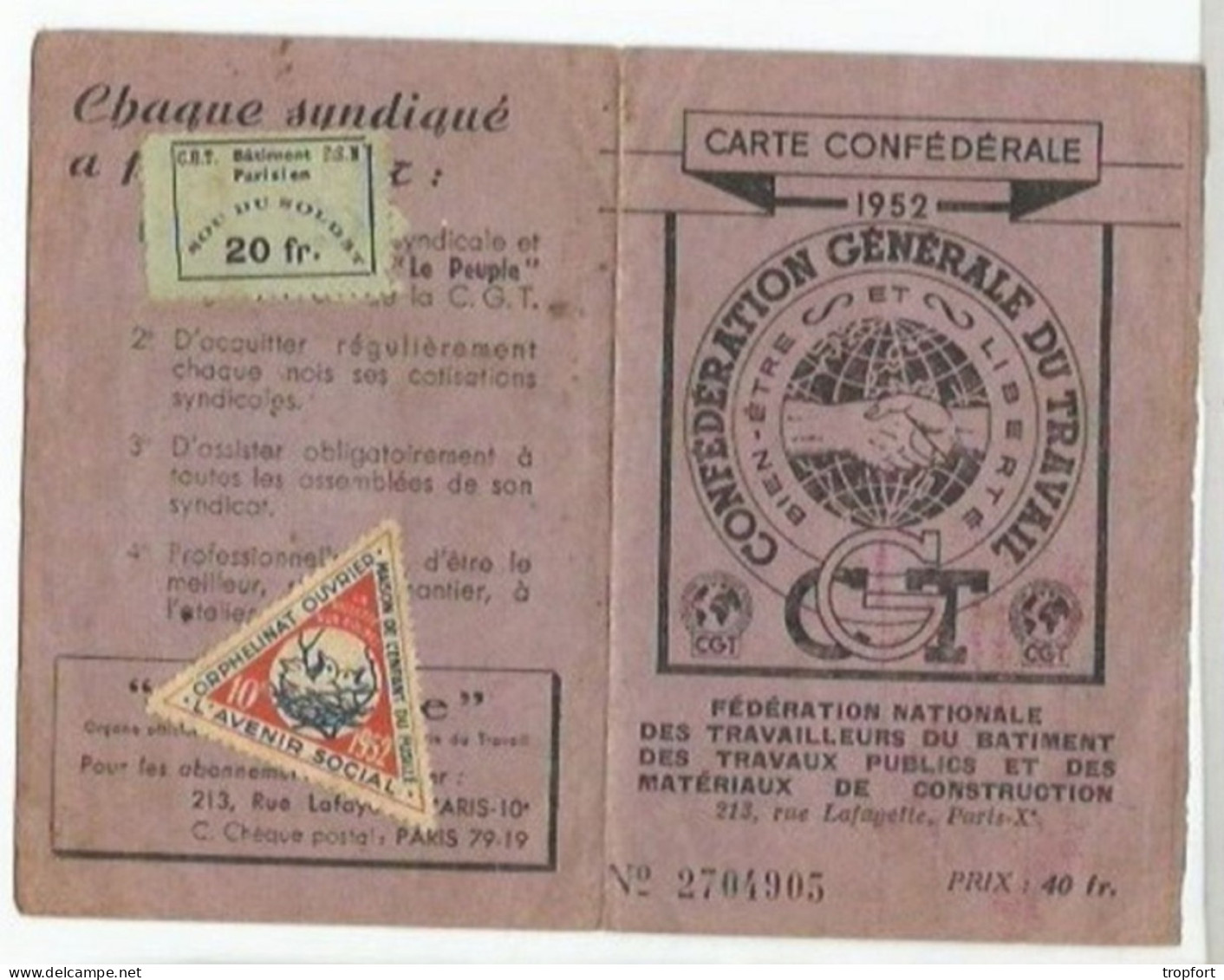 PG / CARTE 1952 SYNDICALE CGT  Avec Ses Timbres Adhèrent  SYNDICAT C.G.T  TIMBRE TAMPON CACHET - Mitgliedskarten