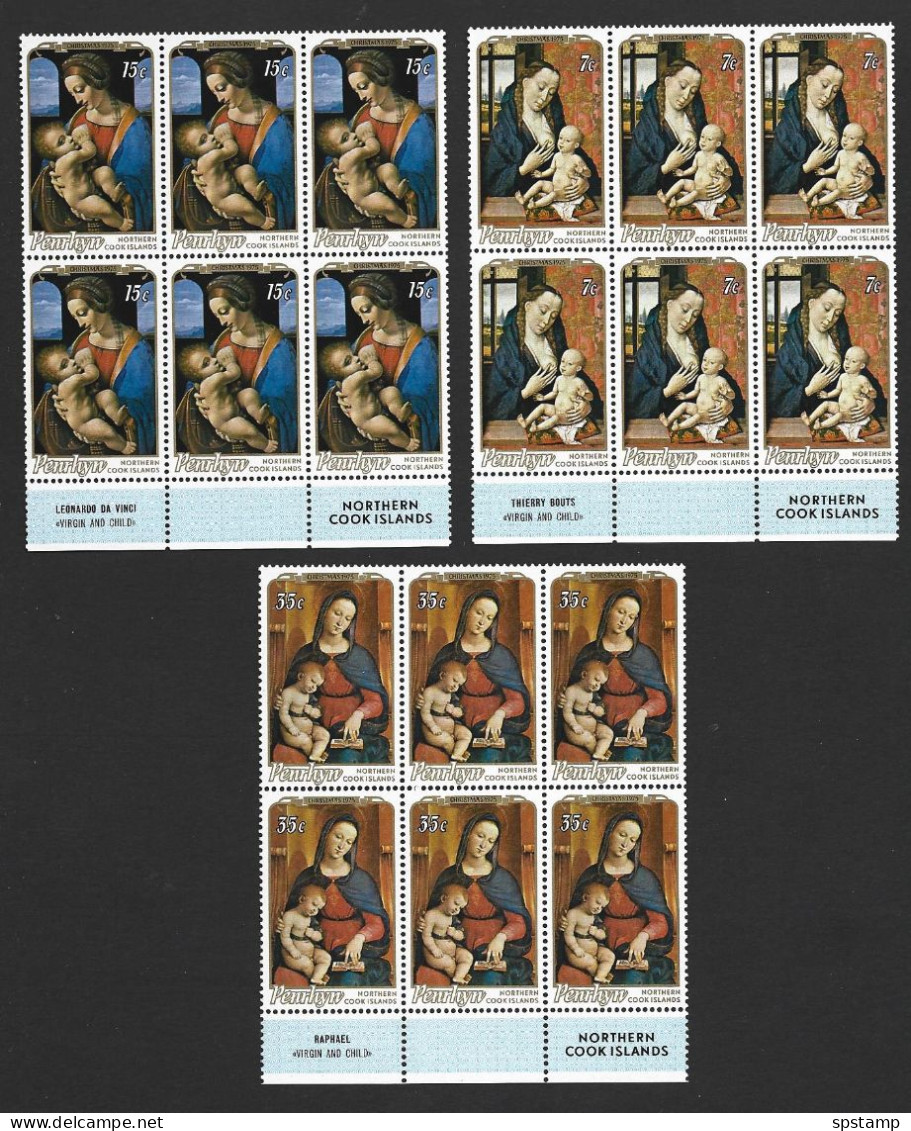 Penrhyn Island 1975 Christmas Virgin Mother And Child Paintings Set Of 3 MNH Matched Inscription Blocks Of 6 - Penrhyn
