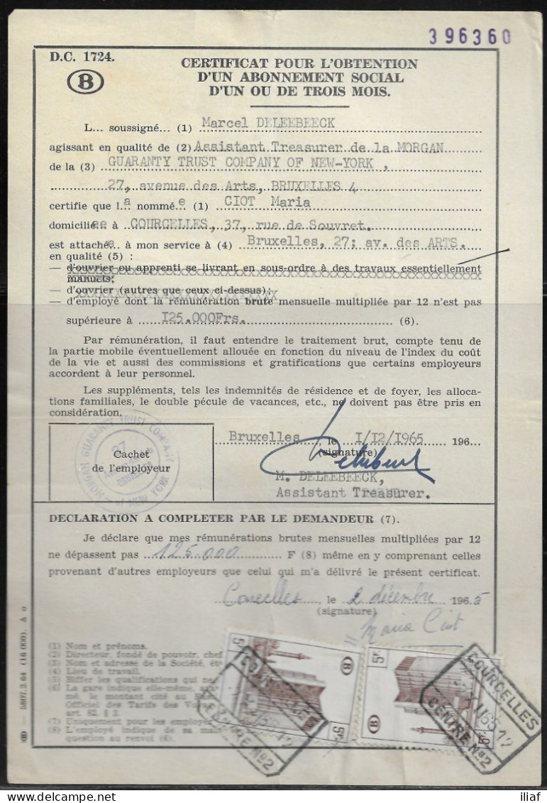 Belgium Parcel Stamps Sc. Q348 On Document DC1724 “Certificate For Obtaining A Social Subscription" Courcelles 2.12.65 - Documentos & Fragmentos