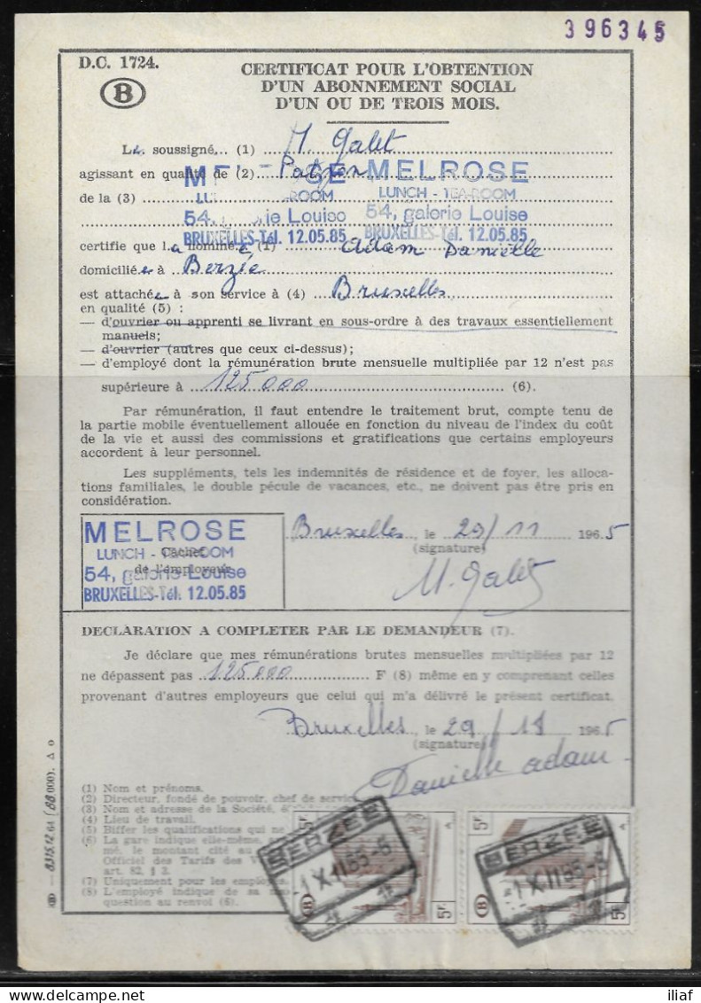 Belgium Parcel Stamps Sc. Q348 On Document DC1724 “Certificate For Obtaining A Social Subscription" Berzee 1.12.65 - Documenten & Fragmenten