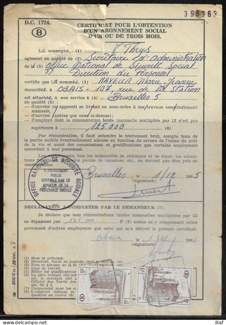 Belgium Parcel Stamps Sc. Q348 On Document DC1724 “Certificate For Obtaining A Social Subscription" Luttre Pont-à-Celles - Documentos & Fragmentos