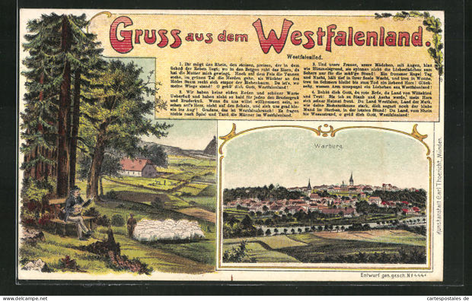 Lithographie Warburg / Westfalen, Ortsansicht, Westfalenlied  - Warburg