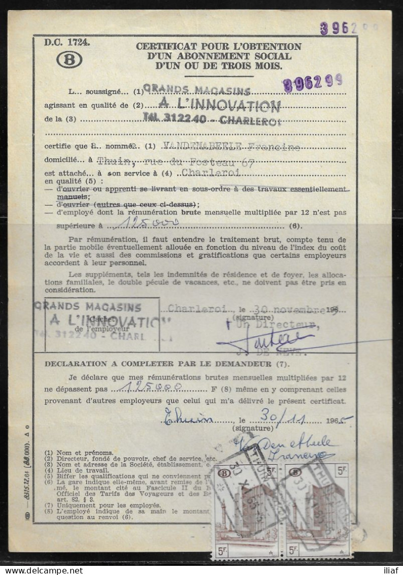 Belgium Parcel Stamps Sc. Q348 On Document DC1724 “Certificate For Obtaining A Social Subscription" Tuin-Nord 30.11.65. - Documentos & Fragmentos