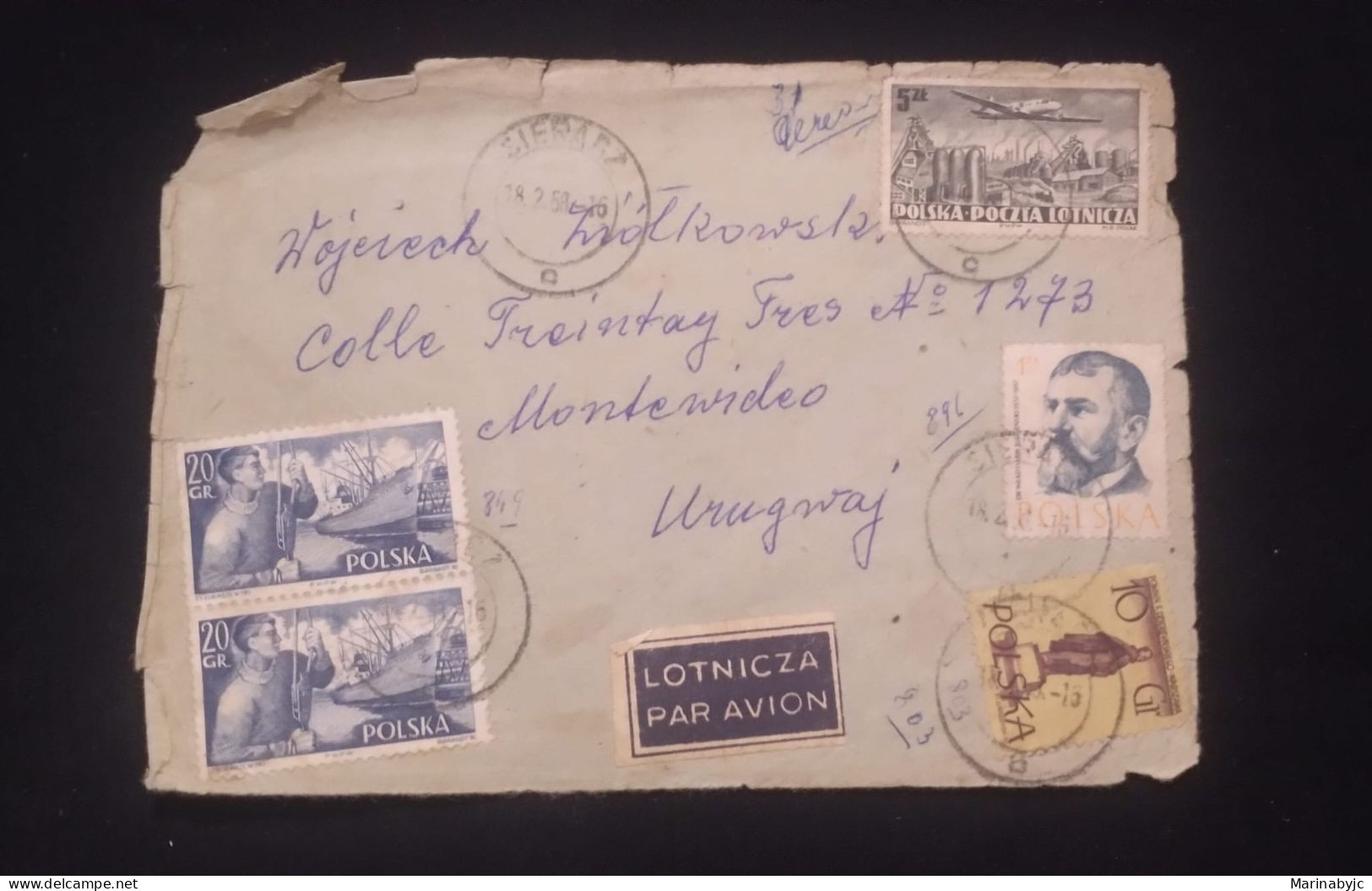 C) 1956. POLAND, AIR MAIL SENT TO URUGUAY, MULTIPLE STAMPS - Uruguay