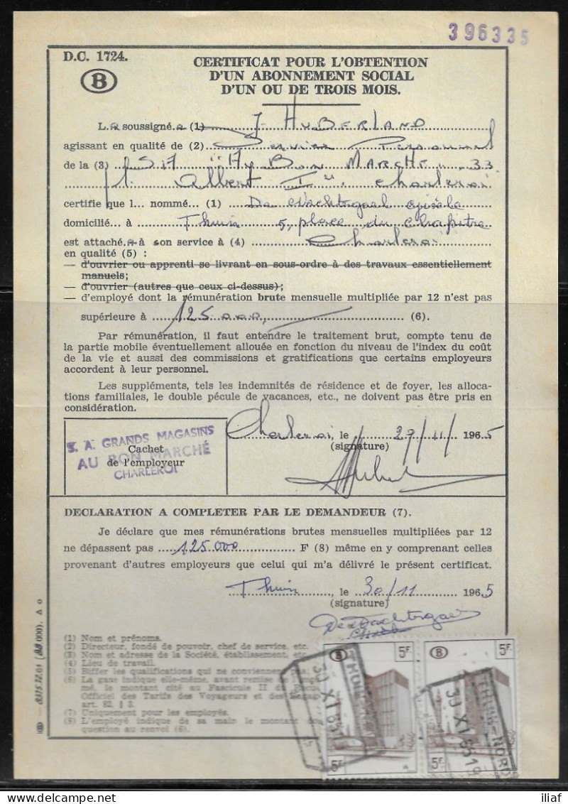 Belgium Parcel Stamps Sc. Q348 On Document DC1724 “Certificate For Obtaining A Social Subscription" Tuin-Nord 30.11.65. - Documenten & Fragmenten