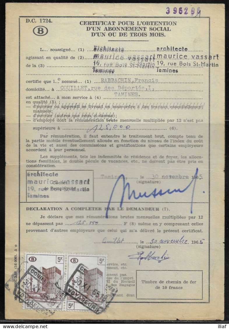 Belgium Parcel Stamps Sc. Q348 On Document DC1724 “Certificate For Obtaining A Social Subscription" Couillet 30.11.65 - Documentos & Fragmentos