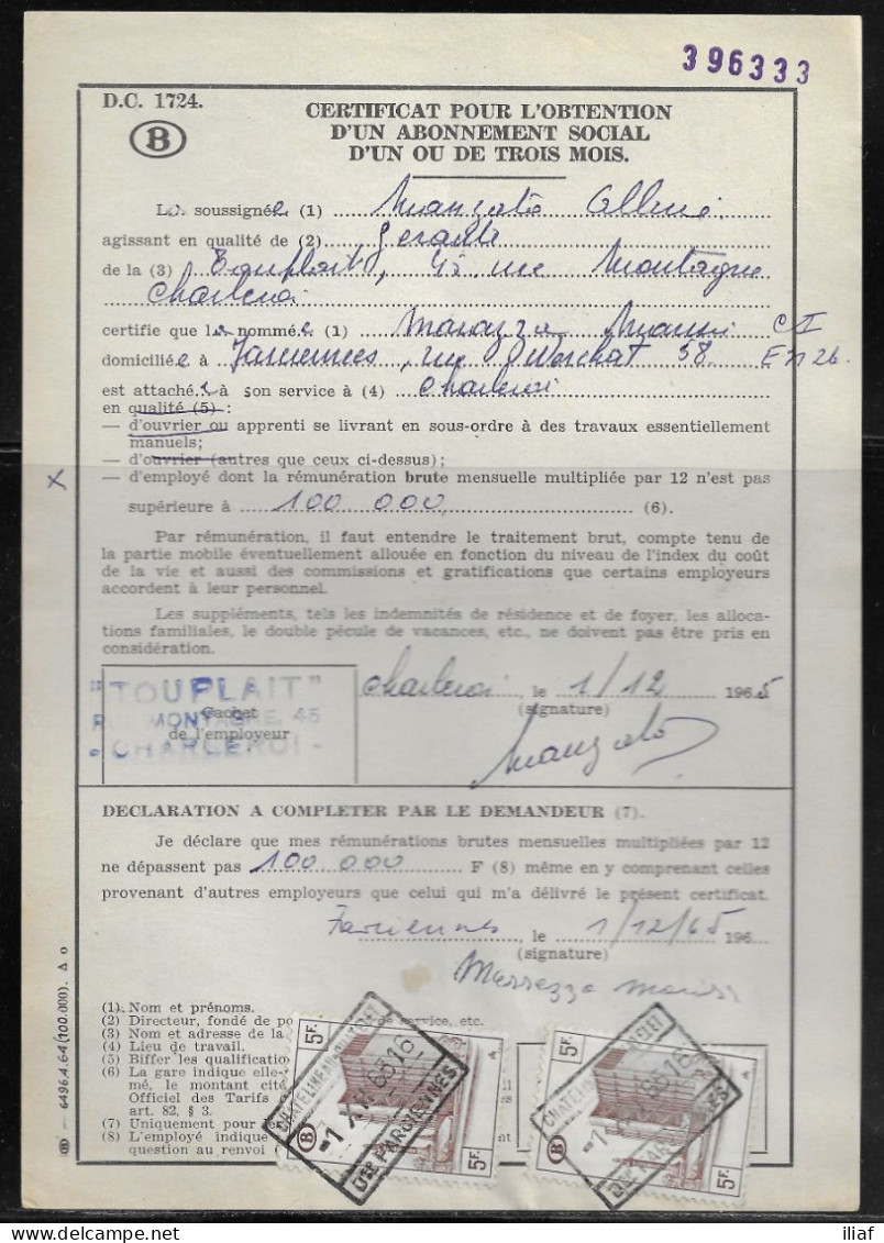 Belgium Parcel Stamps Sc. Q348 On Document DC1724 “Certificate For Obtaining A Social Subscription" Chatelineau 1.12.65. - Documents & Fragments