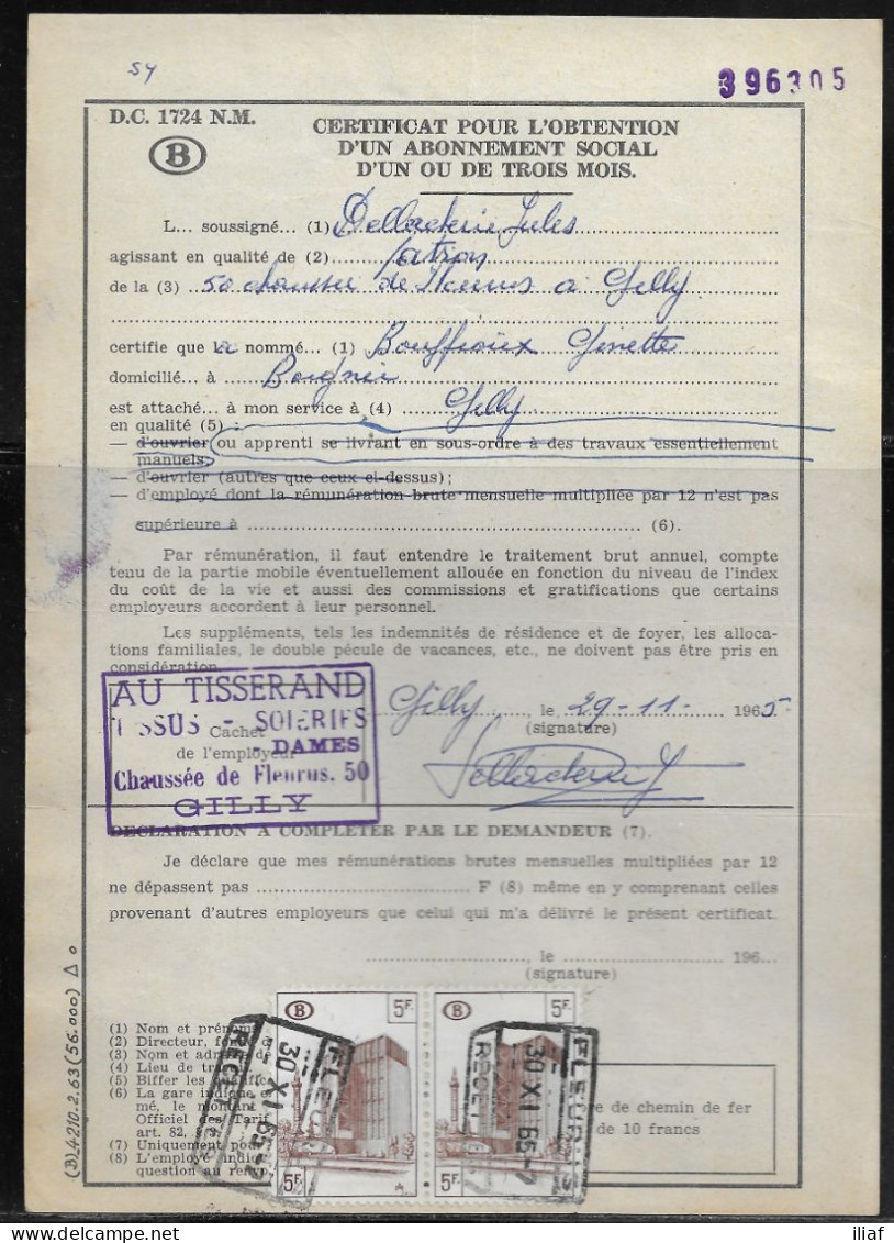 Belgium Parcel Stamps Sc. Q348 On Document DC1724 “Certificate For Obtaining A Social Subscription" Fleurus 30.11.65. - Documenten & Fragmenten
