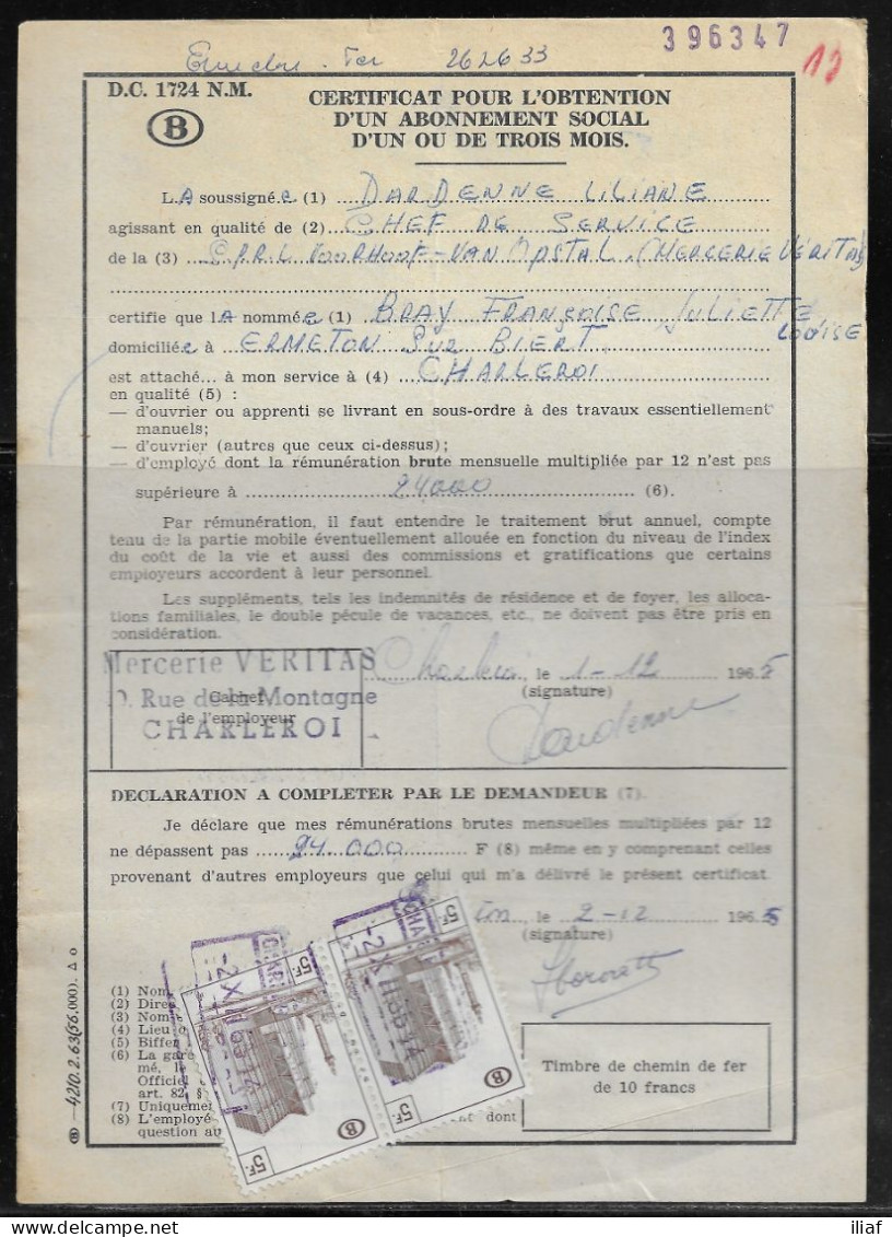 Belgium Parcel Stamps Sc. Q348 On Document DC1724 “Certificate For Obtaining A Social Subscription" Charleroi 2.12.65. - Documentos & Fragmentos