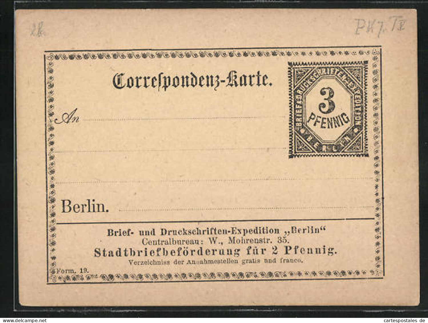 AK Berlin, Karte Der Brief- Und Druckschriften-Expedition Berlin, 3 Pfennig, Private Stadtpost  - Francobolli (rappresentazioni)