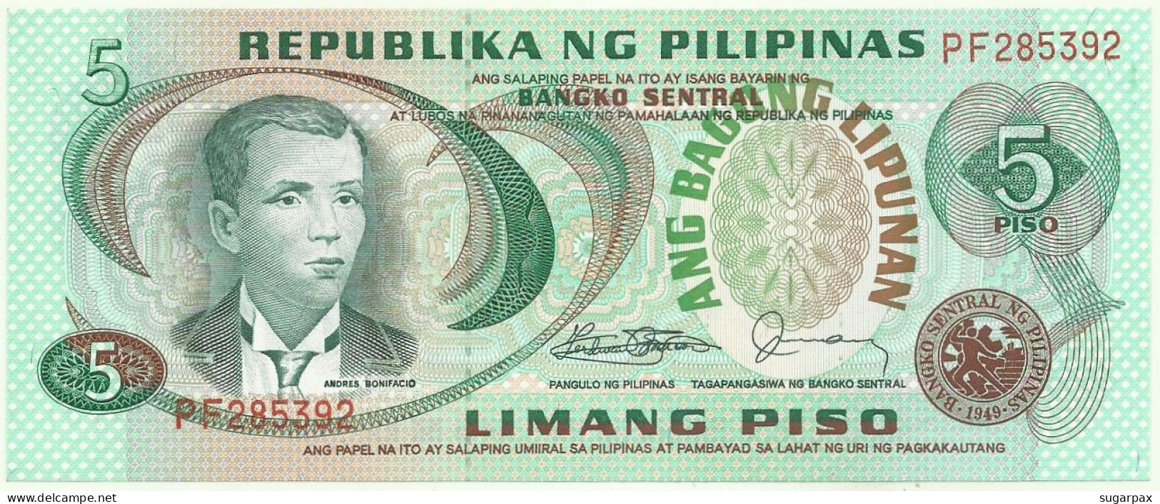 Philippines - 5 Piso - ND ( 1978 ) - Pick 160.d - Unc. - Sign. 10 - Red Serial # PF - ANG BAGONG LIPUNAN - Philippinen