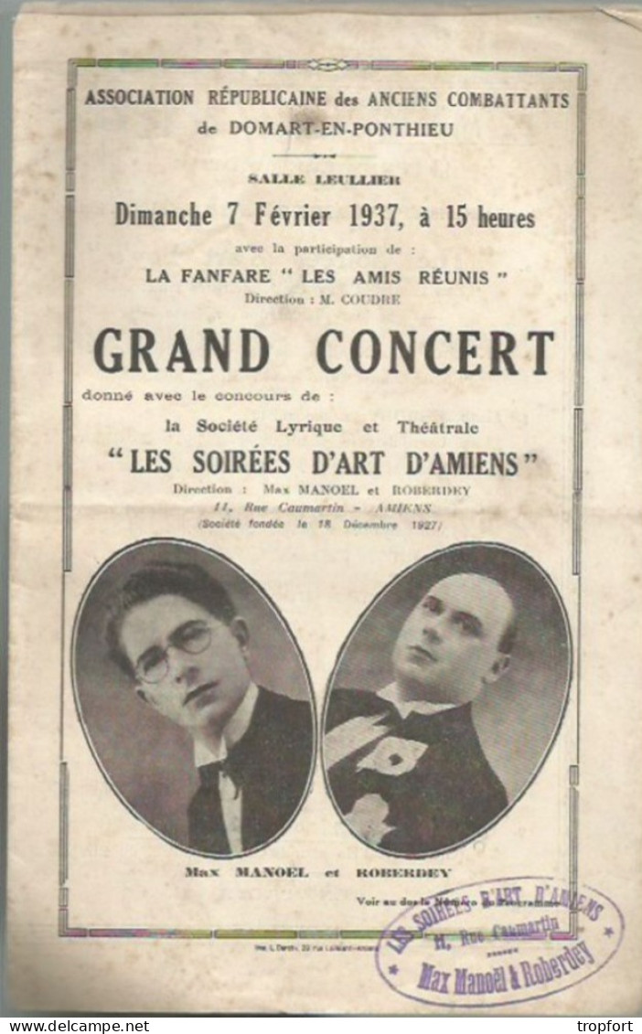 XD // Vintage // Rare PROGRAMME Concert DOMART-EN-PONTHIEU // AMIENS Le SERVITEUR De BONAPARTE - Programma's