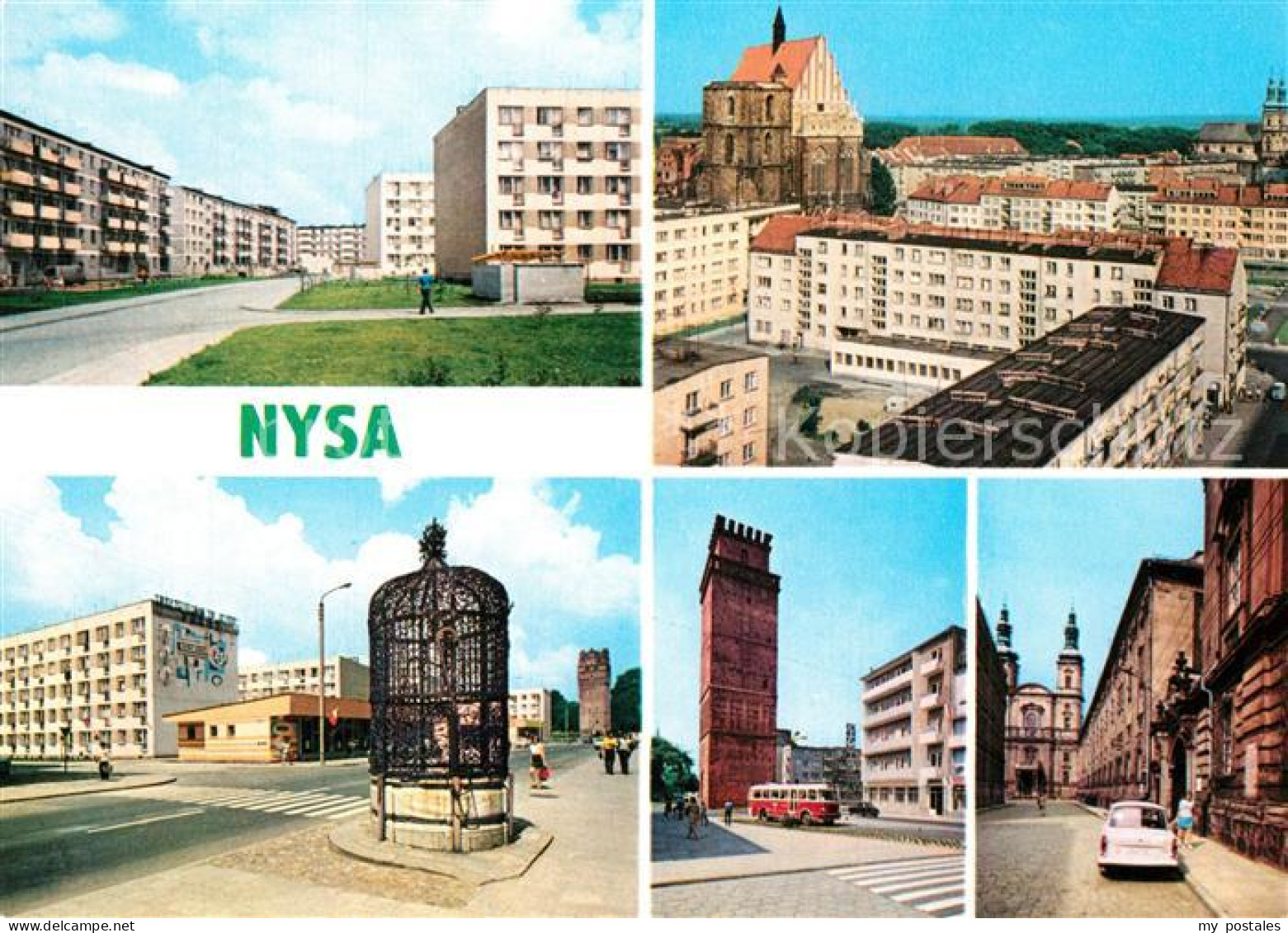 73596400 Nysa Wohnsiedlung Hochhaeuser Stadtpanorama Kirche Turm Schoener Brunne - Pologne