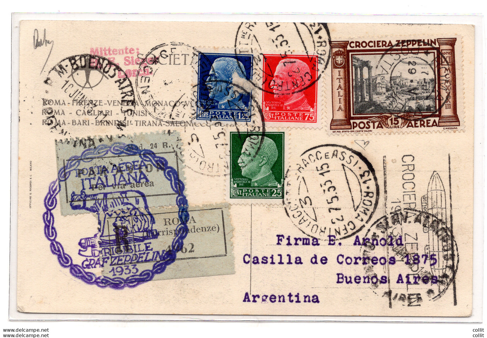 Posta Aerea Zeppelin Lire 15 + Complementari Su Bella Cartolina - Storia Postale