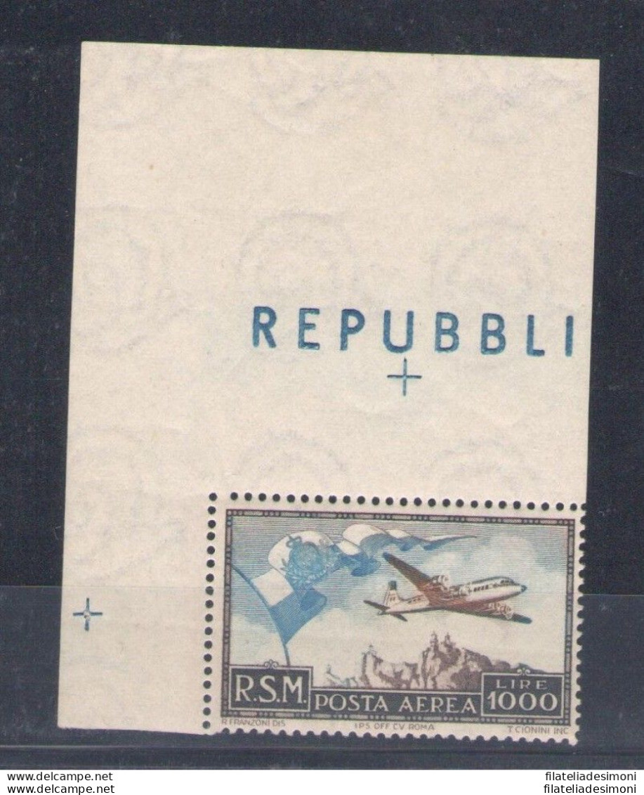 1951 SAN MARINO ,Posta Aerea , 1000 Lire , N° 99 "Bandierone"  MNH** , Certific - Airmail