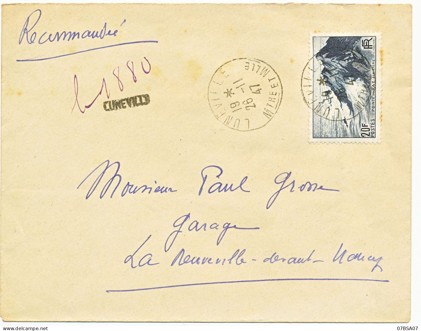MEURTHE ET MOSELLE ENV 1947 LUNEVILLE LETTRE RECOMMANDEE PROVISOIRE PAR MANQUE D'ETIQUETTE - Covers & Documents