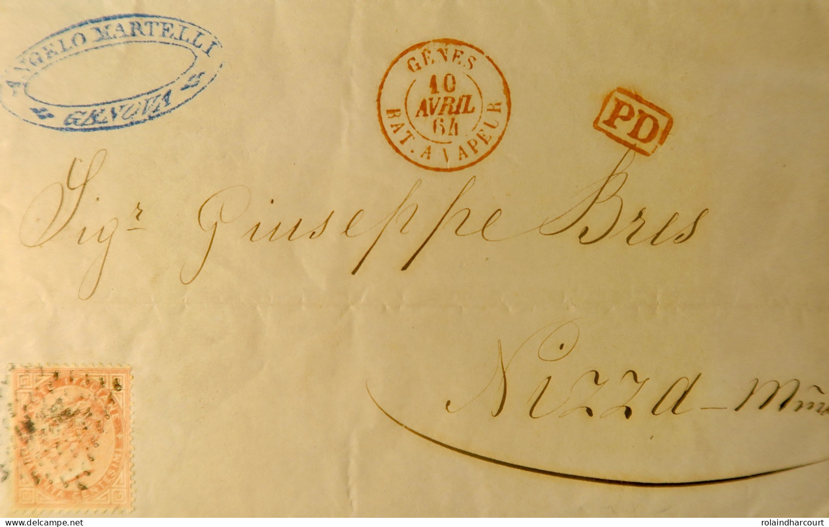 A540 - POSTE MARITIME - Lettre (LAC) GÊNES (10 AVRIL 1864) à NICE Par BATEAU à VAPEUR (LIGNE D'ITALIE) Cachet SARDE - Poste Maritime