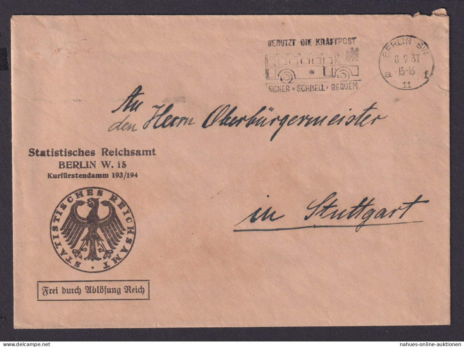 Deutsches Reich Diensbrief Berilin Reichsamt Masch.St. Kraftpost Nach Stuttgart - Storia Postale