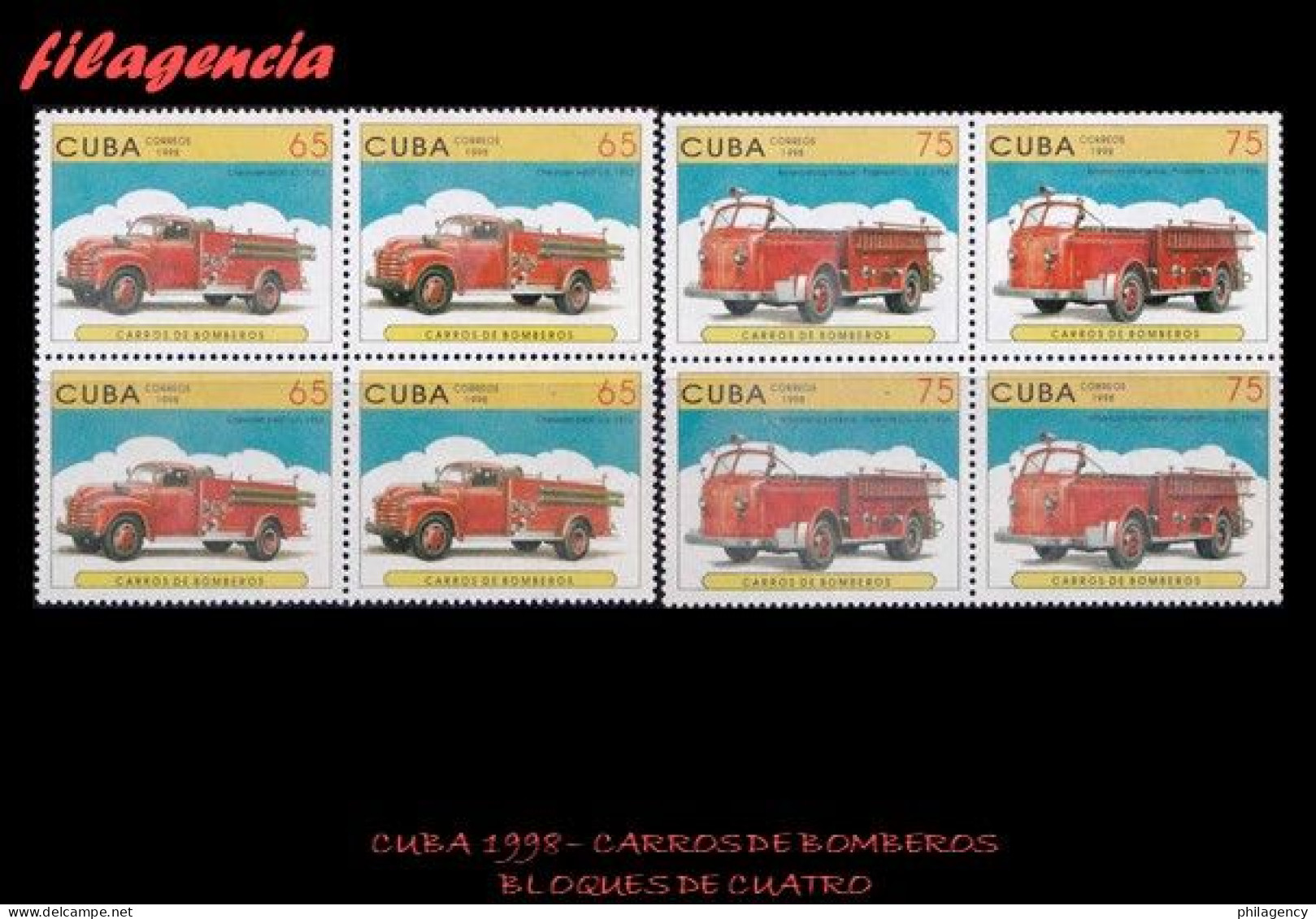 CUBA. BLOQUES DE CUATRO. 1998-07 ANTIGUOS CARROS DE BOMBEROS - Ungebraucht