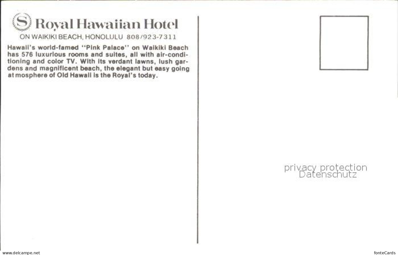 71953212 Honolulu Hotel Royal Hawaiian  - Autres & Non Classés