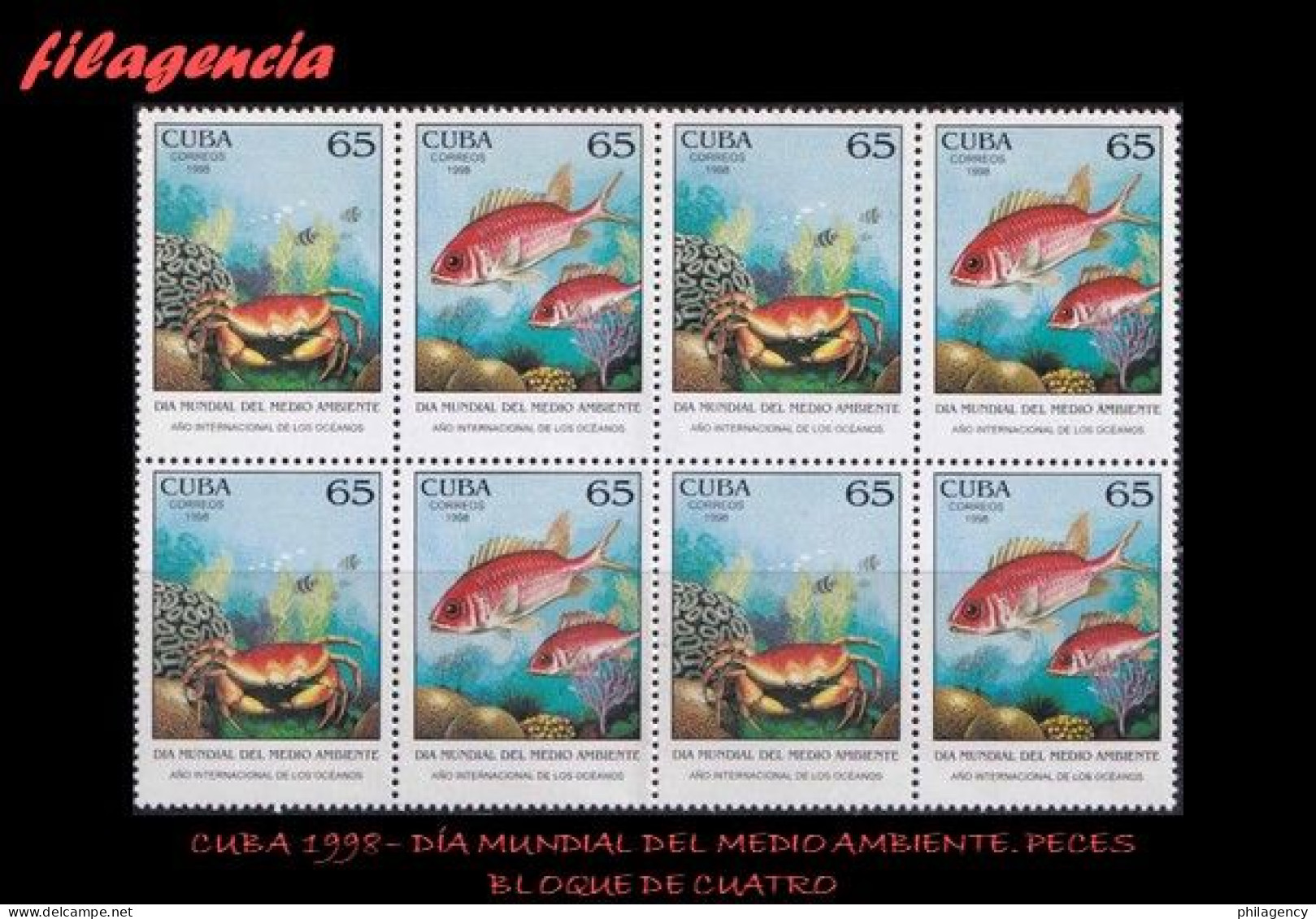 CUBA. BLOQUES DE CUATRO. 1998-16 DÍA MUNDIAL DEL MEDIO AMBIENTE. AÑO MUNDIAL DE LOS OCÉANOS. PECES. SE-TENANT - Unused Stamps