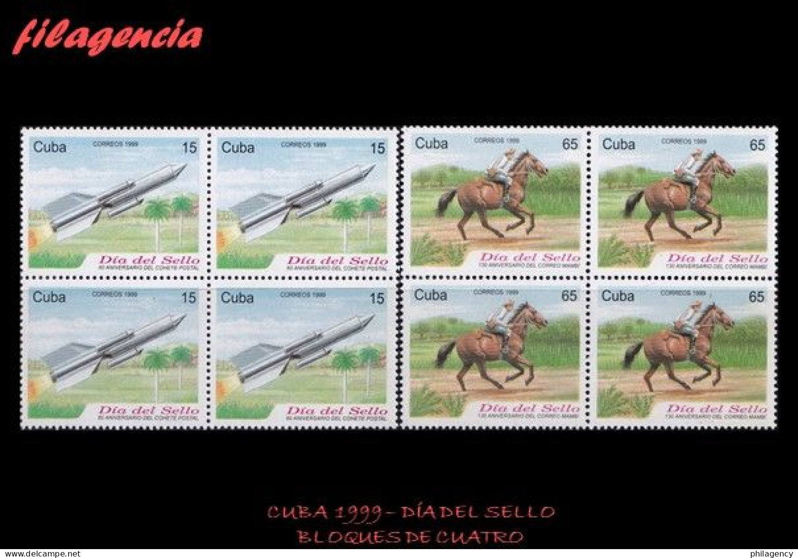 CUBA. BLOQUES DE CUATRO. 1999-11 DÍA DEL SELLO CUBANO. TRANSPORTE POSTAL - Unused Stamps