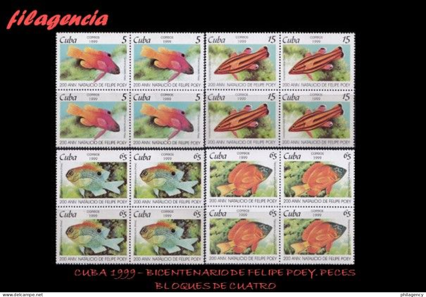 CUBA. BLOQUES DE CUATRO. 1999-15 BICENTENARIO DEL NATURALISTA CUBANO FELIPE POEY. PECES - Nuevos