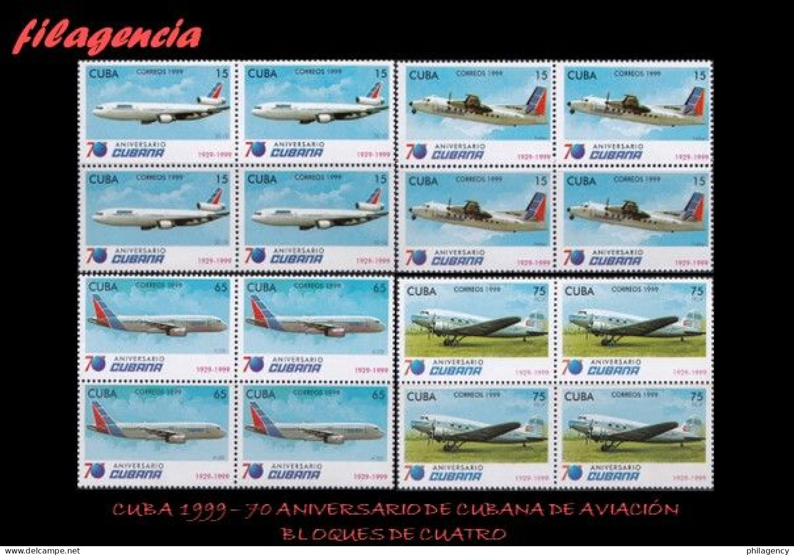 CUBA. BLOQUES DE CUATRO. 1999-23 70 ANIVERSARIO DE CUBANA DE AVIACIÓN - Neufs