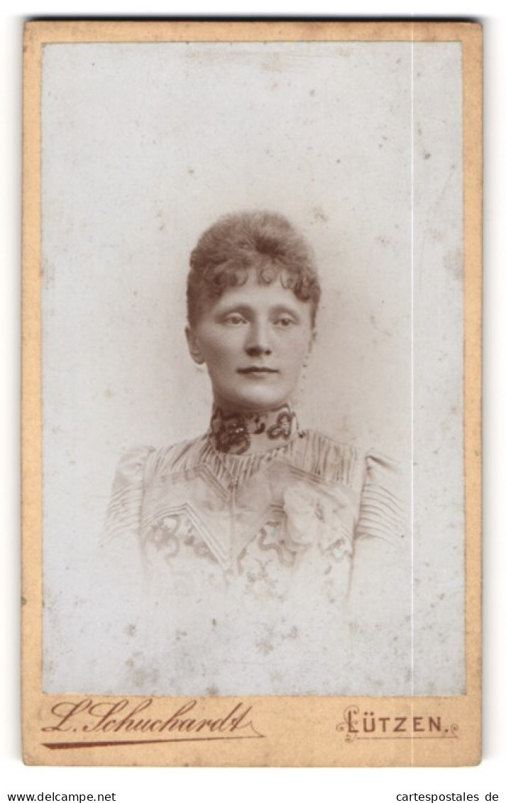 Fotografie L. Schuchardt, Lützen, Portrait Bezaubernde Dame Mit Eleganter Stickerei Am Kleid  - Anonyme Personen