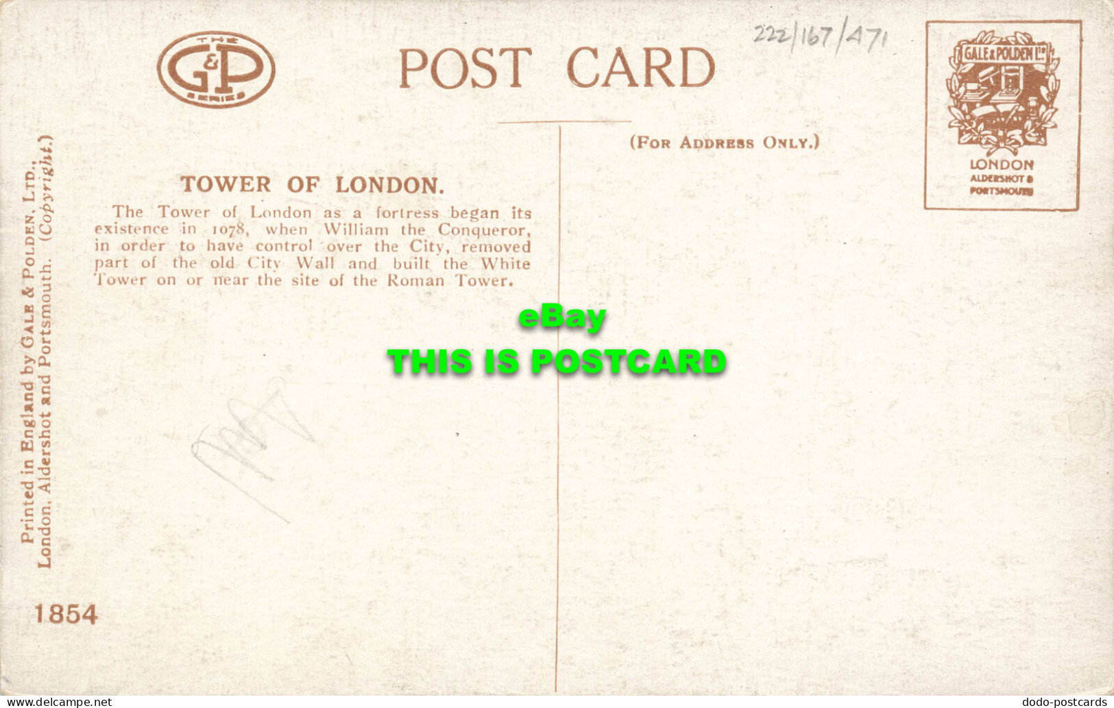 R601816 Tower Of London. Gale And Polden. 1854 - Autres & Non Classés