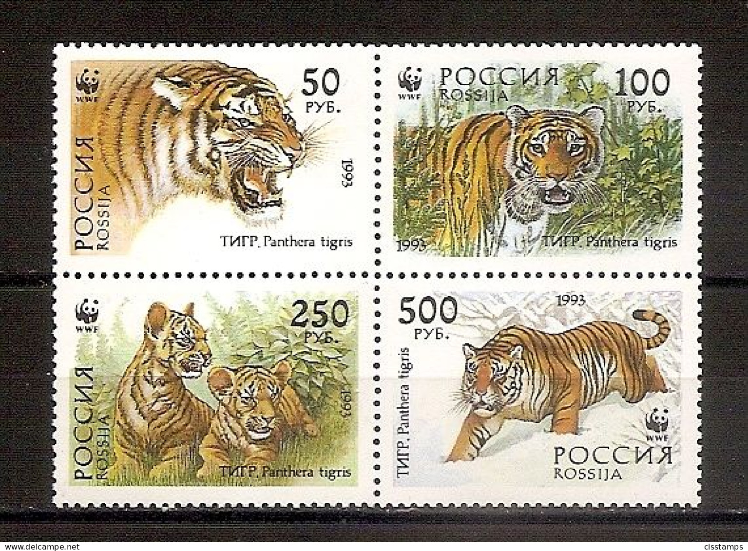 RUSSIA 1993●WWF Tigers●Animals●●Tiere Viererblock●Mi343-46 - Felini