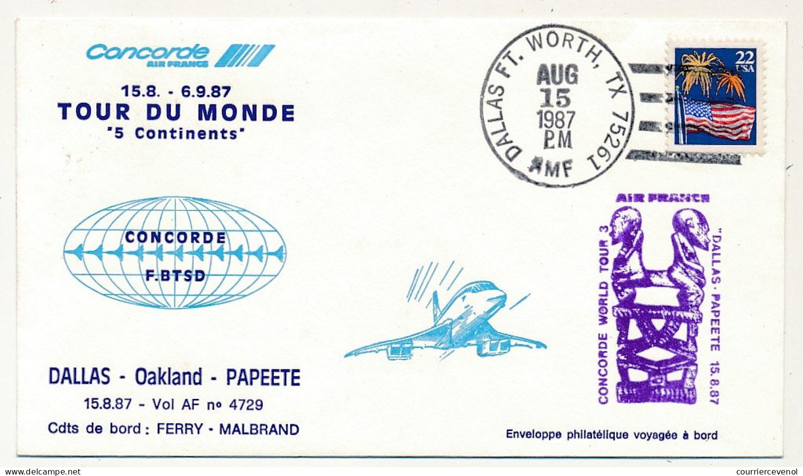 Etats Unis => Concorde World Tour AIR FRANCE Dallas - Papeete - 15 Aout 1987 - Obl Dallas - Brieven En Documenten