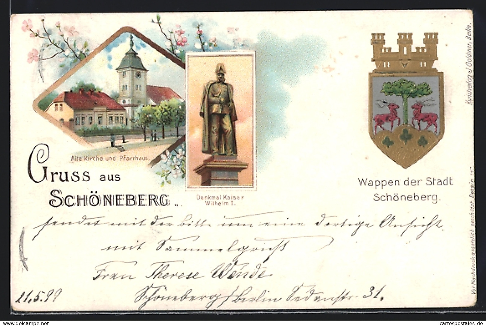 Lithographie Berlin-Schöneberg, Alte Kirche & Pfarrhaus, Denkmal Kaiser Wilhelm I., Stadtwappen  - Schöneberg