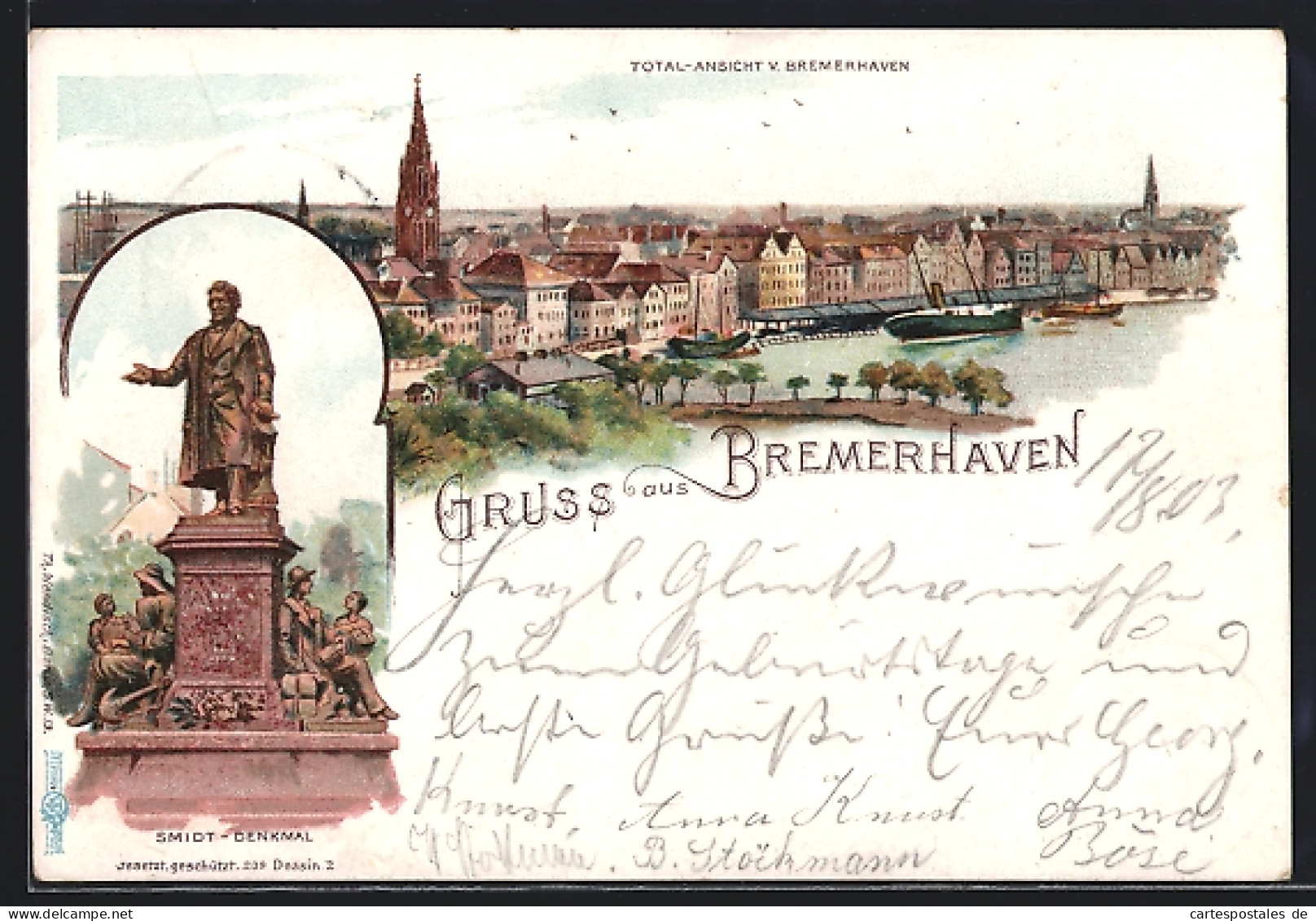 Lithographie Bremerhaven, Smidt-Denkmal Und Total-Ansicht Am Wasser  - Bremerhaven