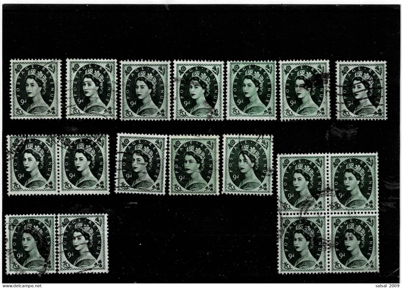 GRAN BRETAGNA ,"Elisabetta II",9p.verde Oliva Scuro ,18 Pezzi Usati ,di Cui 1 Quartina ,qualita Ottima - Used Stamps