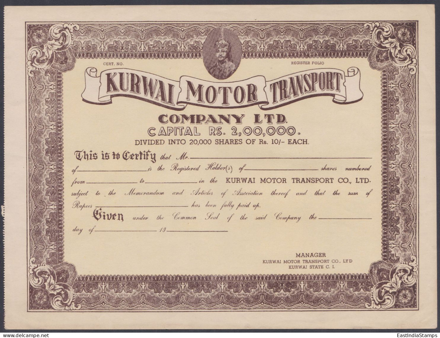 Inde British India Unused Share Certificate Kurwai Motor Transport Company, Kurwai State - 1911-35  George V
