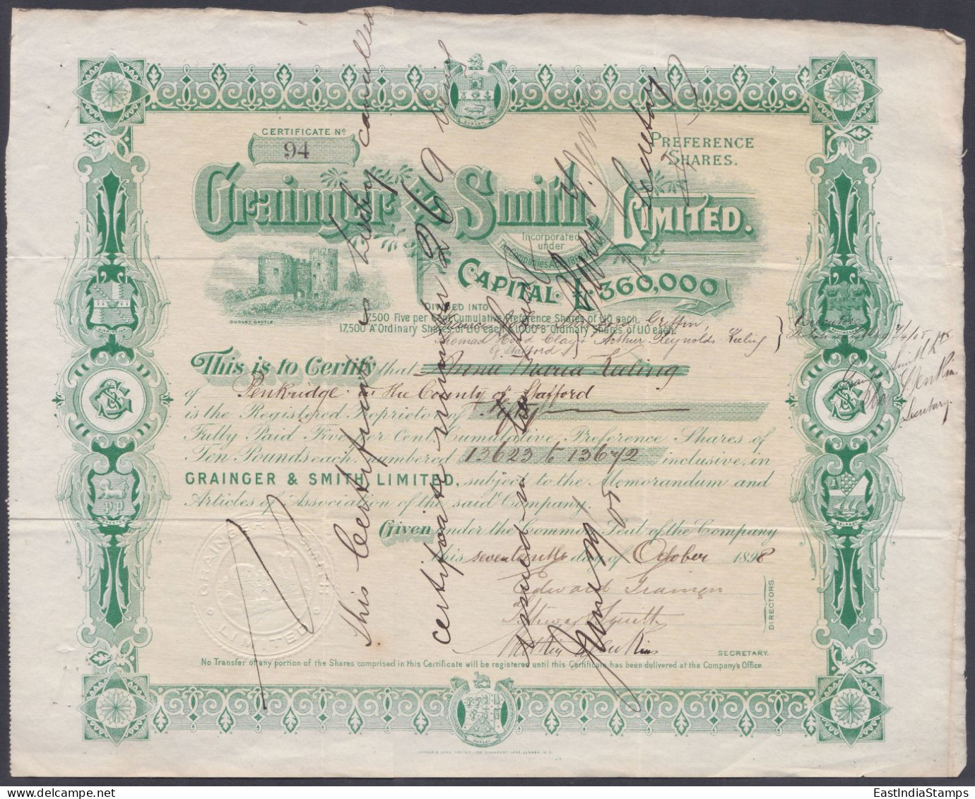 GB Great Britain 1898 Share Certificate Grainger & Smith Limited - Sin Clasificación
