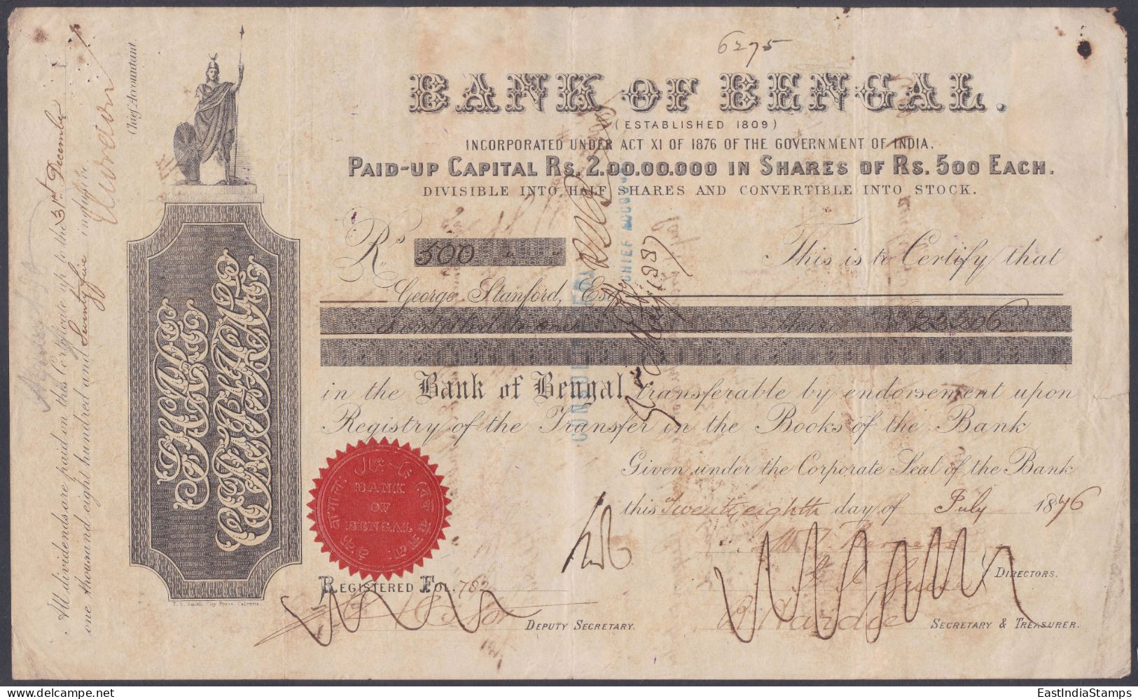 Inde British India 1876 Share Certificate Bank Of Bengal, One Rupee Share Transfer Stamps - 1882-1901 Empire