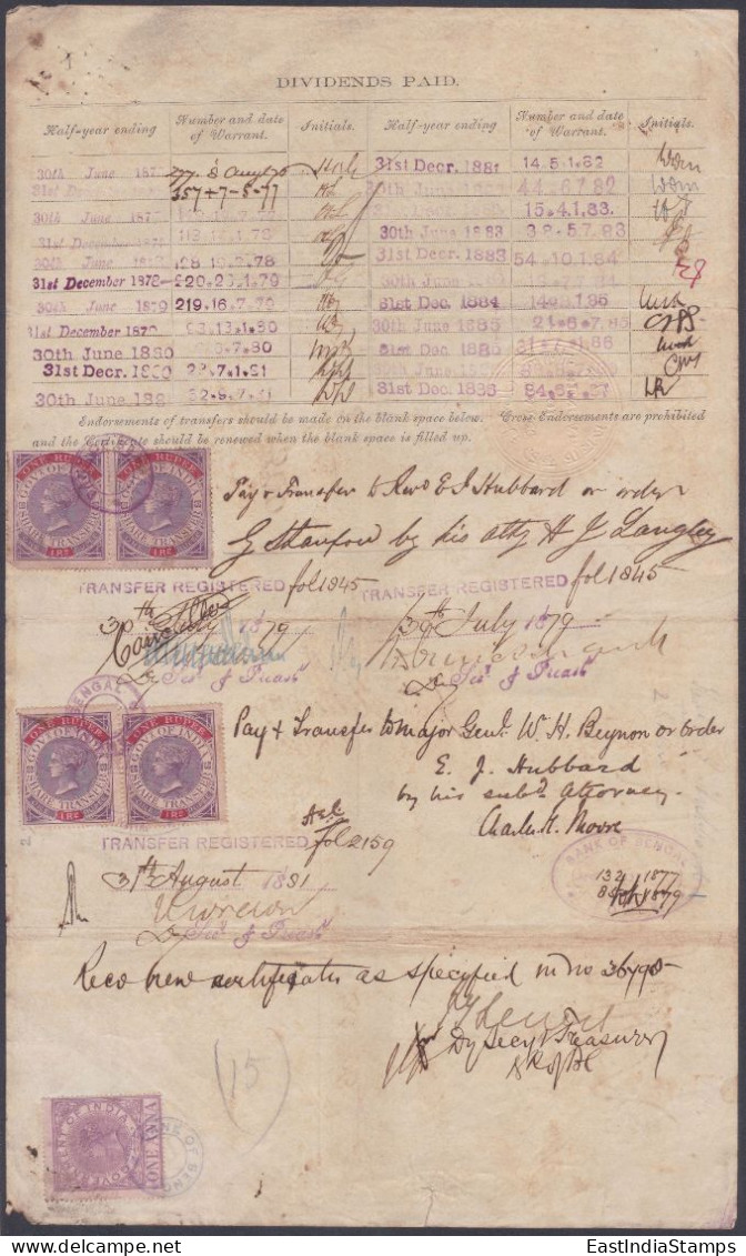 Inde British India 1876 Share Certificate Bank Of Bengal, One Rupee Share Transfer Stamps - 1882-1901 Impero