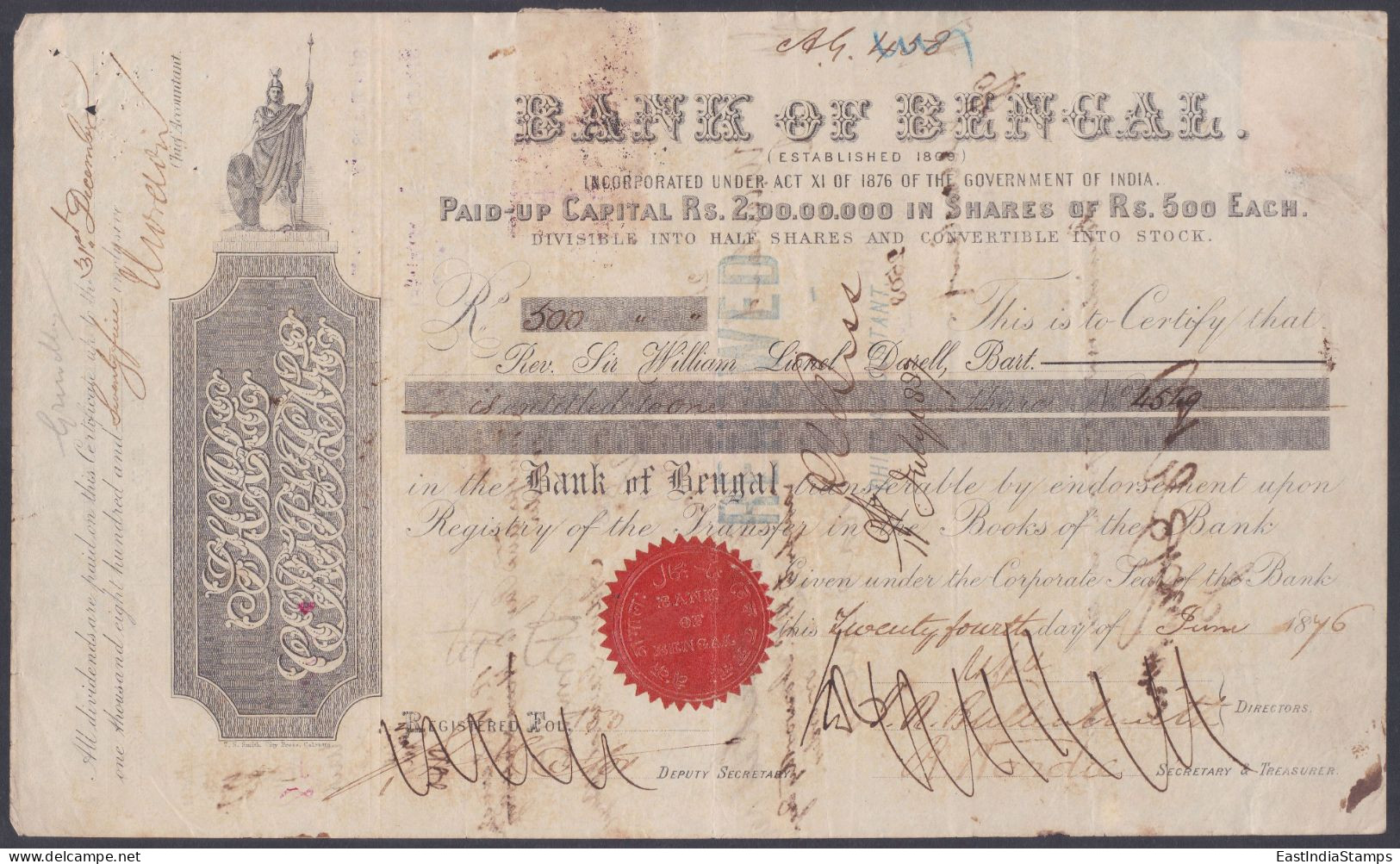 Inde British India 1876 Share Certificate Bank Of Bengal, One Rupee Share Transfer Stamps - 1882-1901 Impero