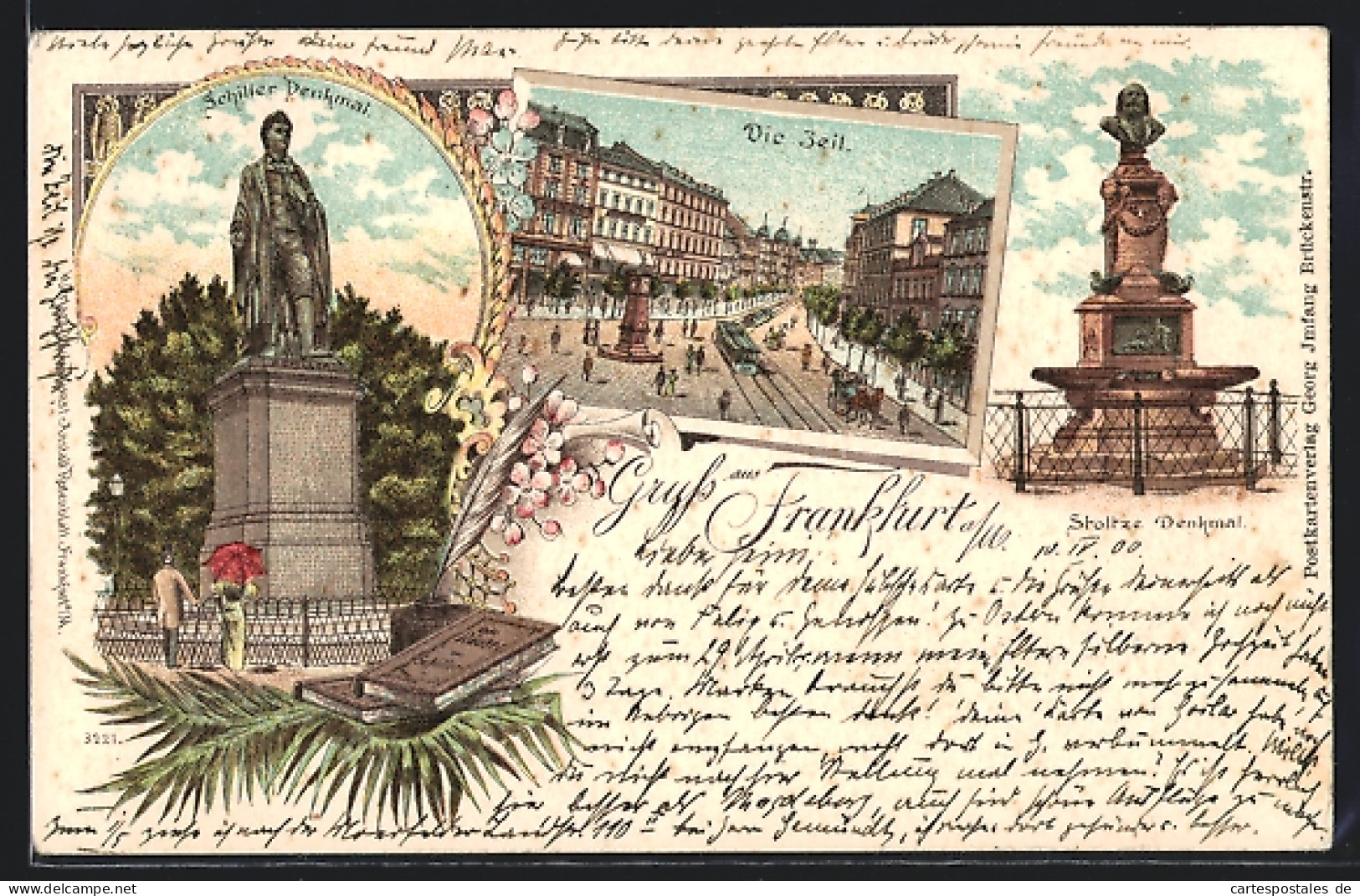 Lithographie Frankfurt /Main, Stolze-Denkmal, Zeil, Schiller-Denkmal  - Frankfurt A. Main
