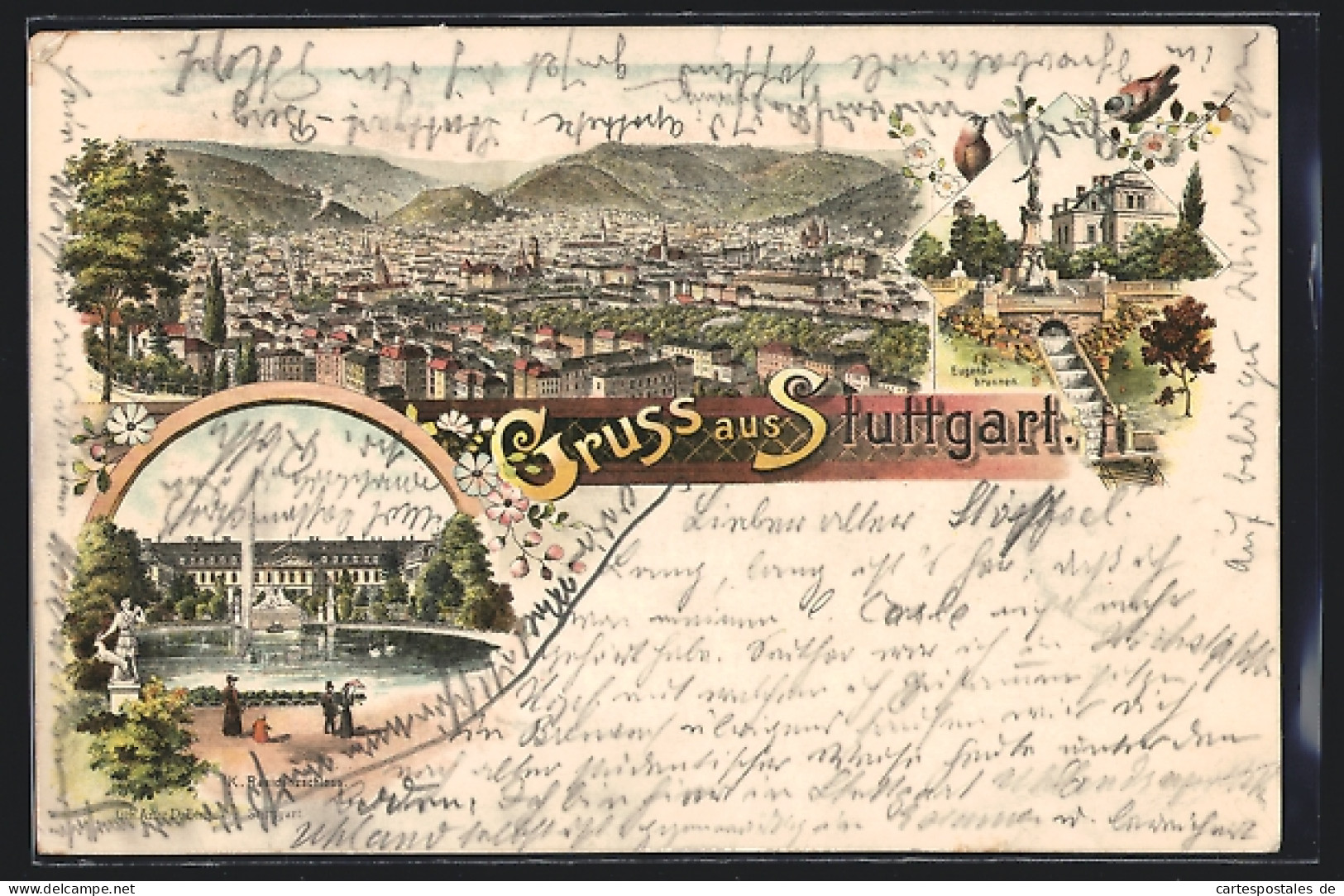 Lithographie Stuttgart, Panorama, Eugenbrunnen, K. Residenzschloss  - Stuttgart
