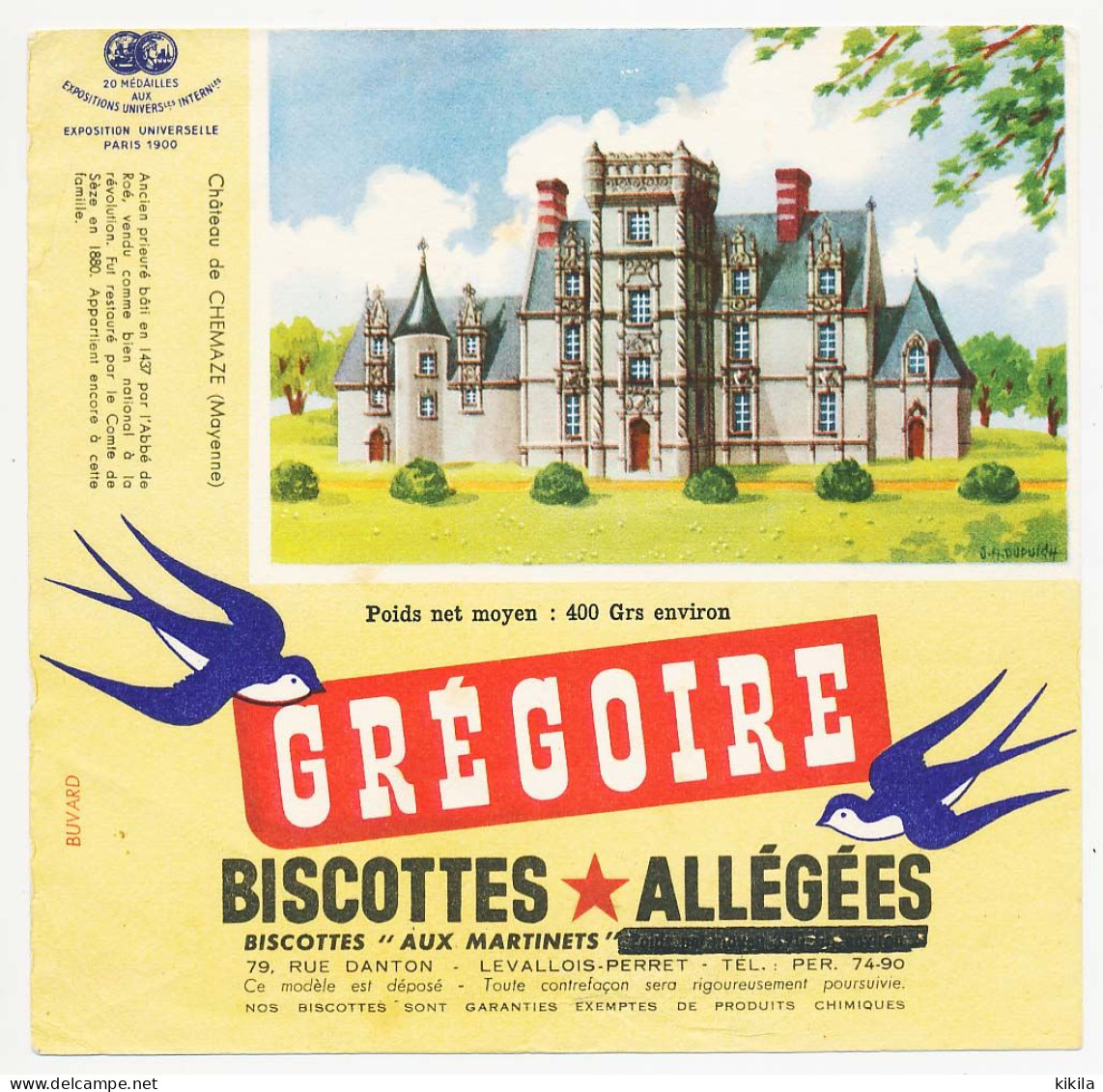 Buvard 16.5 X 16.1 Biscottes Allégées GREGOIRE Château De Chemazé Mayenne  Poids Net Moyen 400 Gr Environ  (390gr Barré) - Biscotti