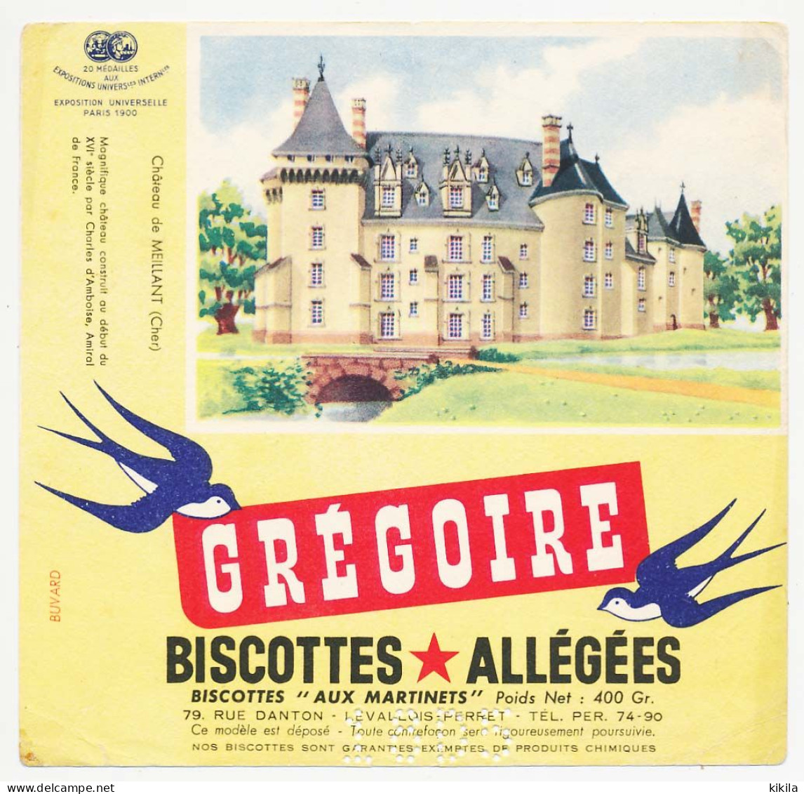 Buvard 16.5 X 16.1 Biscottes Allégées GREGOIRE Château De Meillant Cher  Poids Net  400 Gr - Biscotti