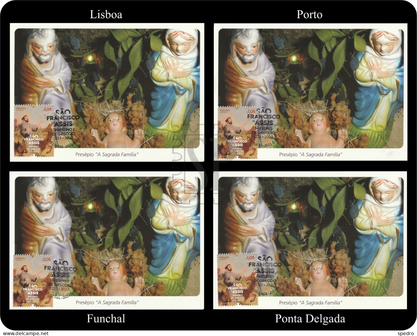 Portugal 2023 4 Postal Máximo 800 Anos Presépio De Greccio São Francisco Christmas Assis Lisboa Maximum Porto Funchal - Maximum Cards & Covers