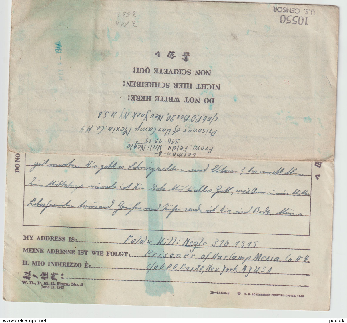 Letter From A German Prisoner Of War In USA, POW Camp Mexia, Tx Posted 22.5.1944 - Censored By Germans & - Militaria
