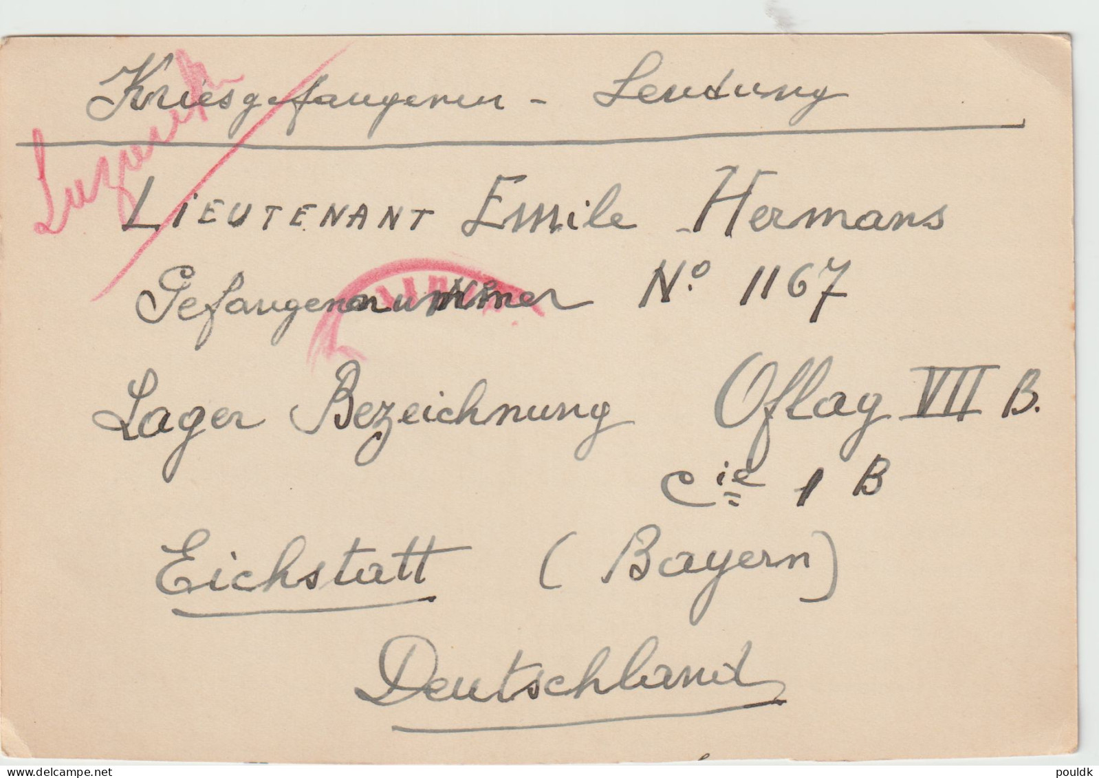 Card To A Belgian Prisoner Of War In Germany, Oflag VII B Located In Eichstätt, Bavaria, About 100 Km N Of Munich - Militaria