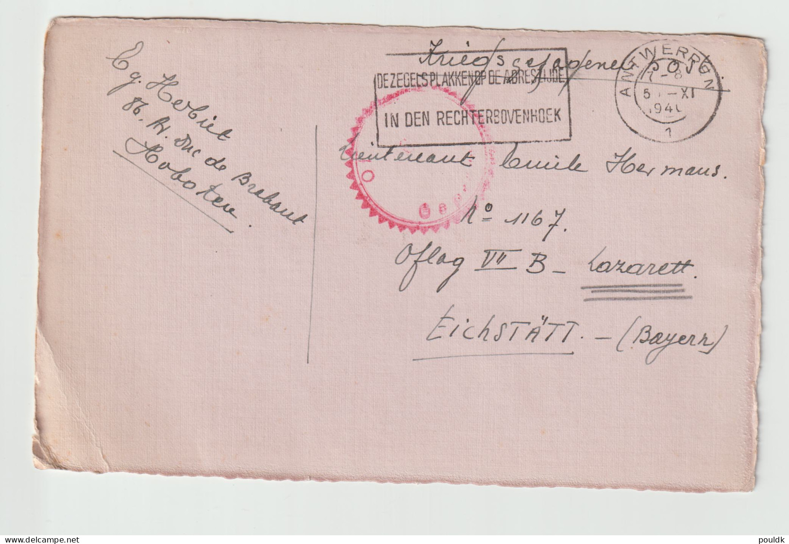 Card To A Belgian Prisoner Of War In Germany, Oflag VII B Located In Eichstätt, Bavaria, About 100 Km N Of Munich - Militaria