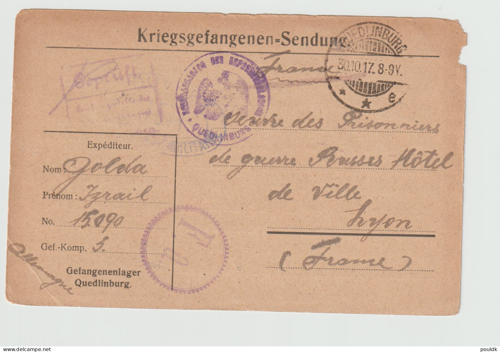 Card From A French Prisoner Of War In Germany, Kriegsgefangenenlager In Quedlinburg Posted Quidlinburg 30. - Militaria