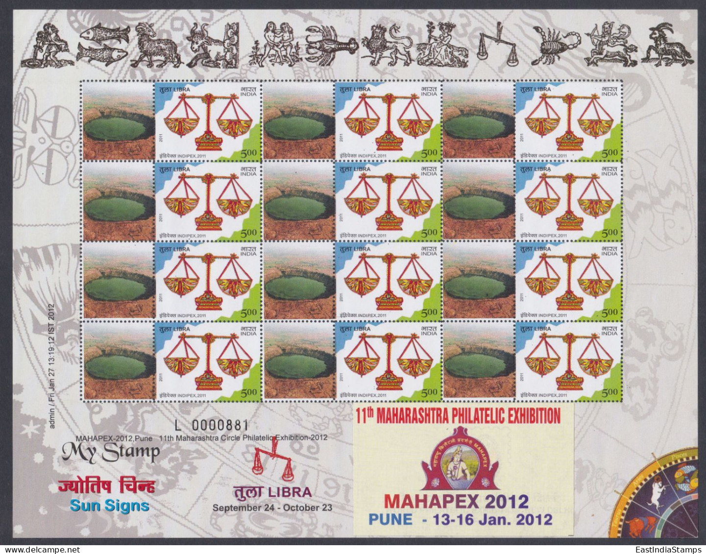 Inde India 2012 MNH MYSTAMP Sheet Sun Signs, Libra, Astrology, Astrological Sign, Philatelic Exhibition, Full Sheet - Unused Stamps